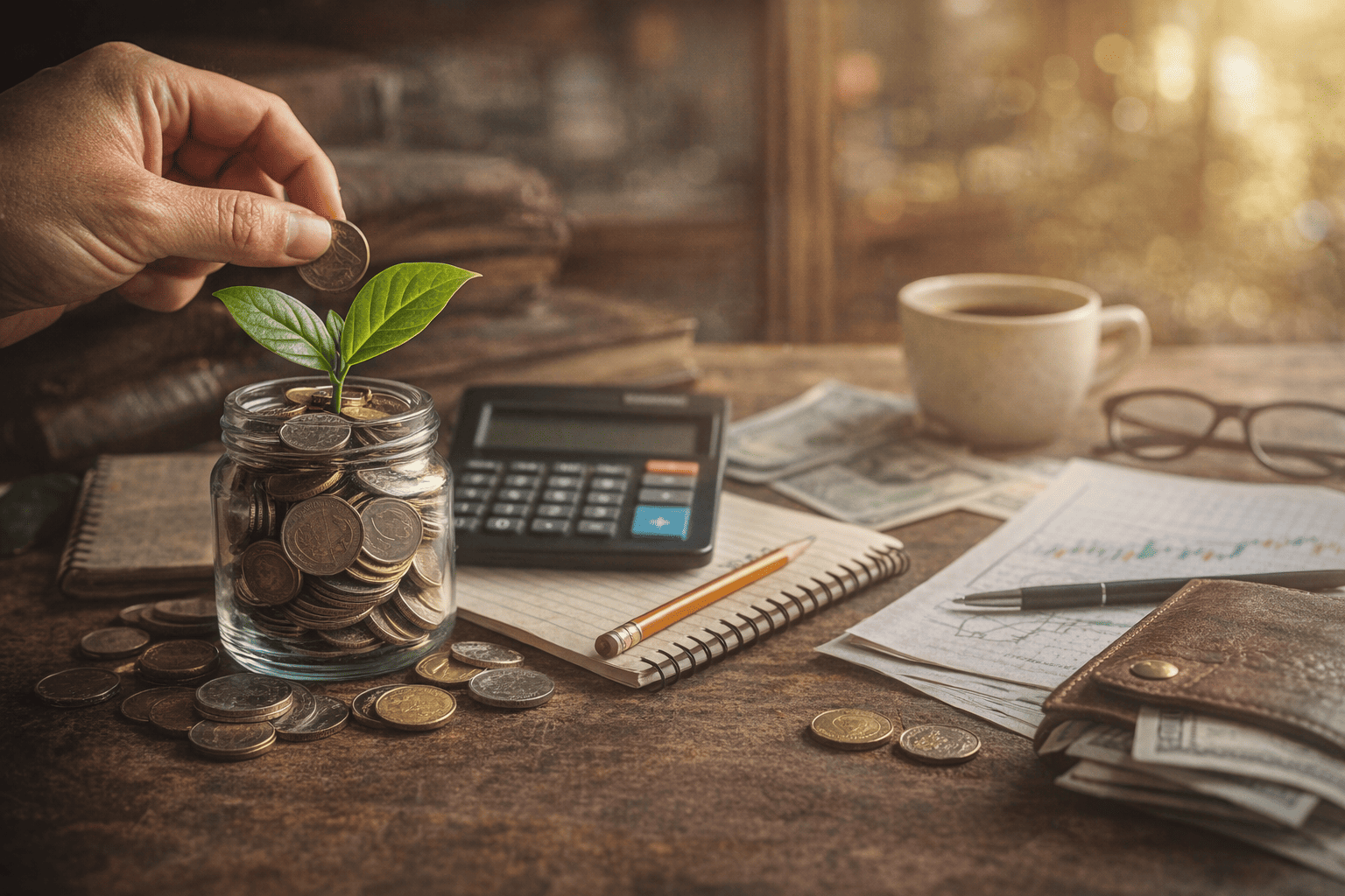 Ahorro y gestión de dinero en finanzas personales con monedas, calculadora y planta simbolizando crecimiento