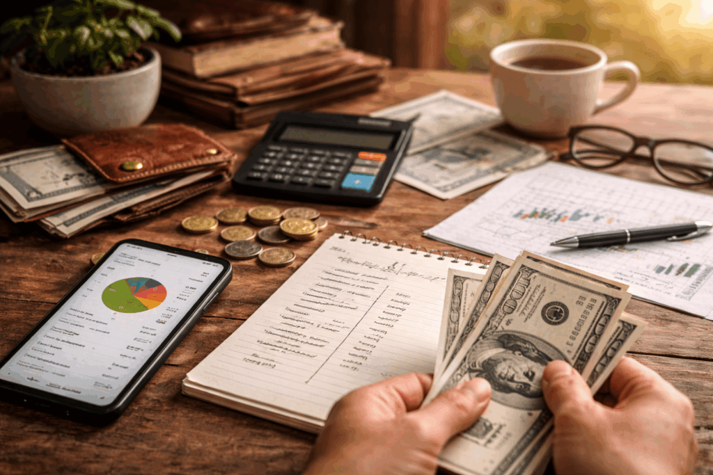 Gestión del dinero y planificación de finanzas personales con calculadora, billetes y libreta en un entorno cotidiano