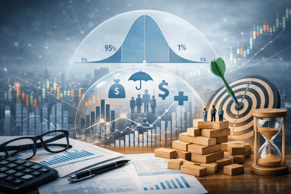 Ilustración conceptual sobre economía actuarial, gestión del riesgo, probabilidad y análisis financiero
