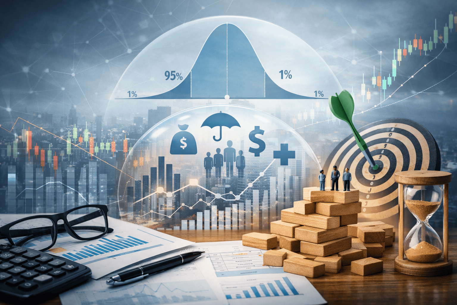 Ilustración conceptual sobre economía actuarial, gestión del riesgo, probabilidad y análisis financiero